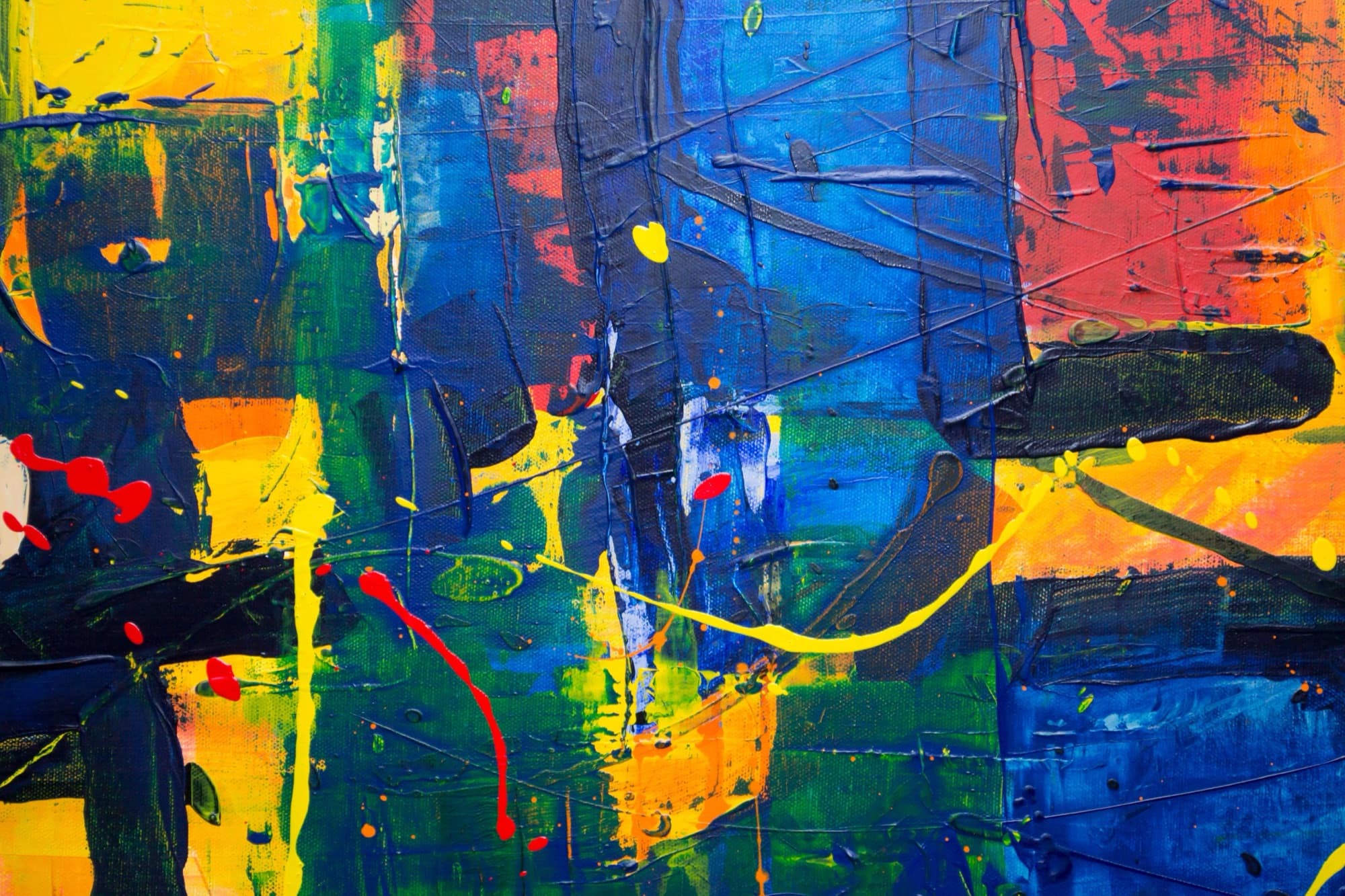 Abstract acrylic painting in blue, yellow and red