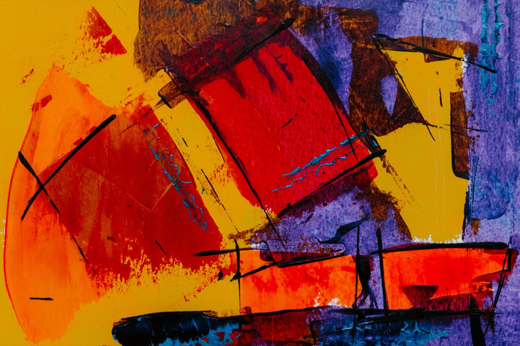 Abstract acrylic painting in warm red, purple and yellow